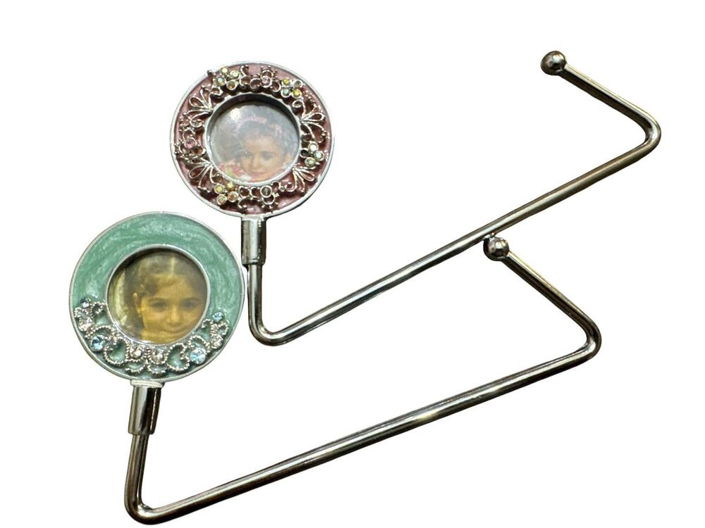 SPRING STREET SET OF 2 MAGNETIC PHOTO FRAME PURSE HOOKS RHINESTONE GREEN PINK